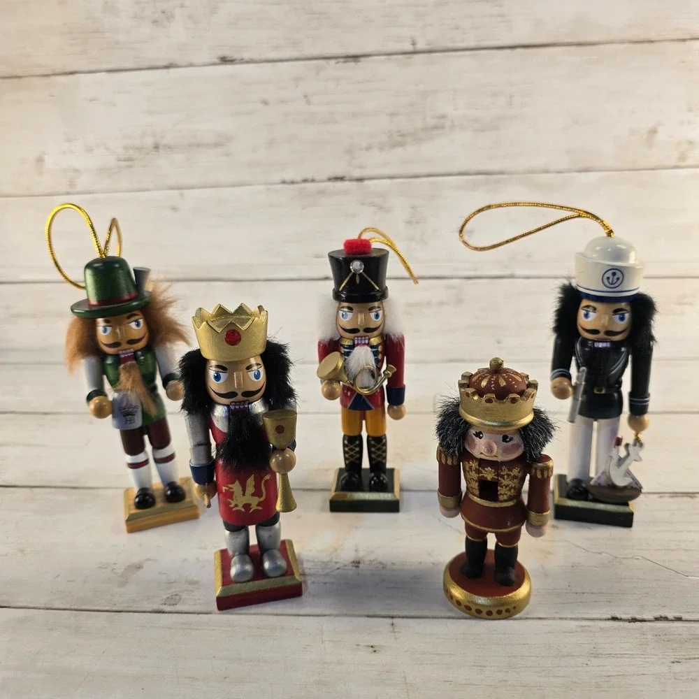 Vintage Wooden Nutcracker Christmas Ornaments Set of 5 King Sailor Soldier Beer